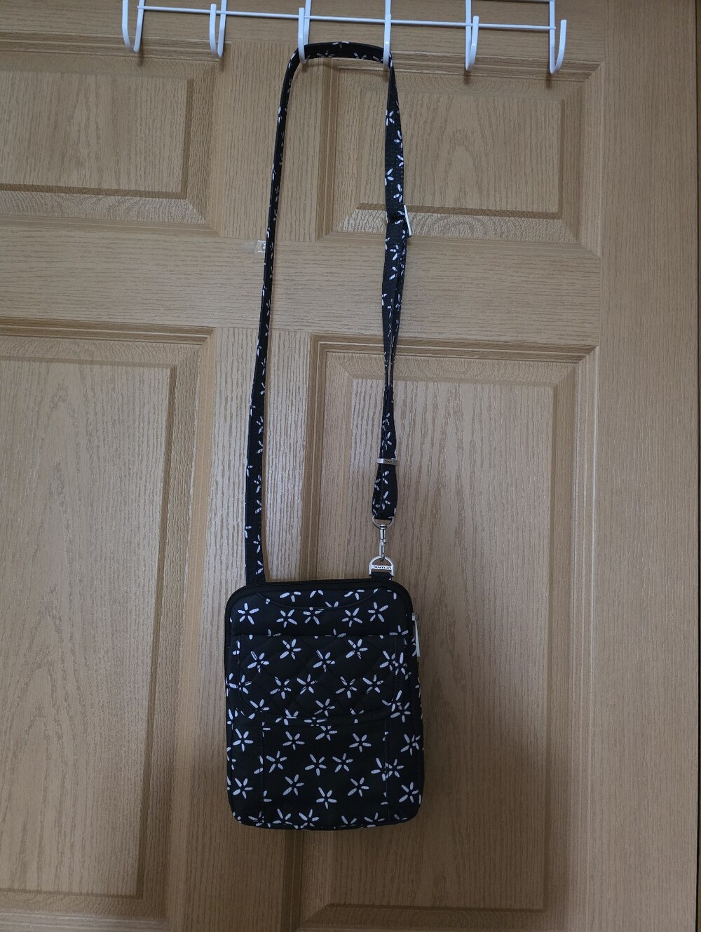 Travelon Anti-Theft Black White Floral Crossbody Bag Purple Interior